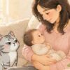 赤ちゃんを見つめる猫のジョーと母子のやさしいイラスト