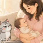 赤ちゃんを見つめる猫のジョーと母子のやさしいイラスト