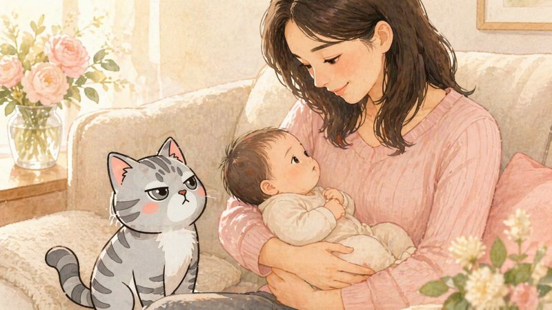 赤ちゃんを見つめる猫のジョーと母子のやさしいイラスト